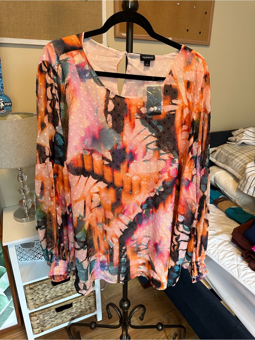 torrid Pink Orange Abstract V-neck Long Sleeve Blouse